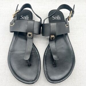 Sofft Womens 9.5M Alexie TStrap Sandals Shoes Black Leather Thong Slingback Flat